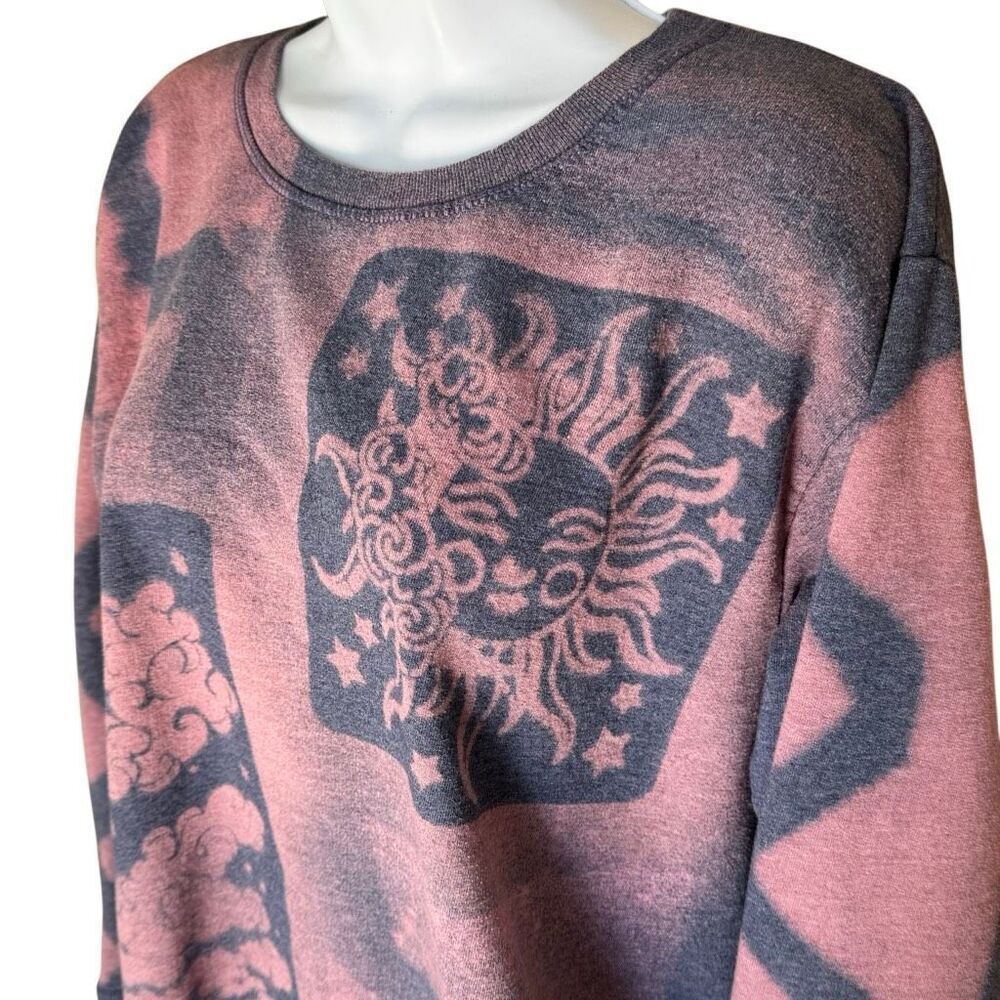 Bleach Stenciled Celestial Zig Zag Reworked Hanes Crewneck Sweater L - Picture 2 of 6